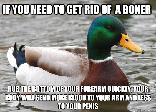If you need to get rid of  a boner  rub the bottom of your forearm quickly, your body will send more blood to your arm and less to your penis  Actual Advice Mallard