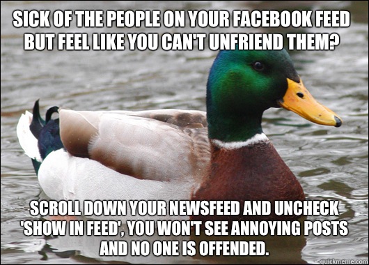 Sick of the people on your Facebook feed but feel like you can't unfriend them? Scroll down your newsfeed and uncheck 'Show in Feed', you won't see annoying posts and no one is offended.  Actual Advice Mallard