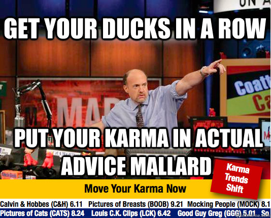 Get your ducks in a row  put your karma in Actual Advice Mallard - Get your ducks in a row  put your karma in Actual Advice Mallard  Mad Karma with Jim Cramer