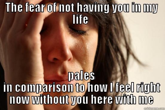 THE FEAR OF NOT HAVING YOU IN MY LIFE  PALES IN COMPARISON TO HOW I FEEL RIGHT NOW WITHOUT YOU HERE WITH ME First World Problems