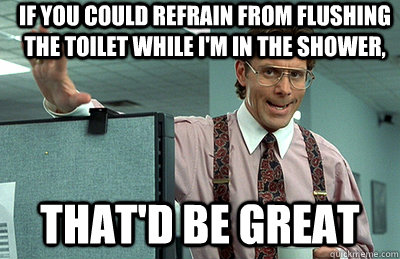 If you could refrain from flushing the toilet while I'm in the shower, that'd be great  Office Space