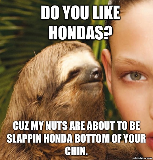 Do you like Hondas? Cuz my nuts are about to be slappin Honda bottom of your chin.  rape sloth