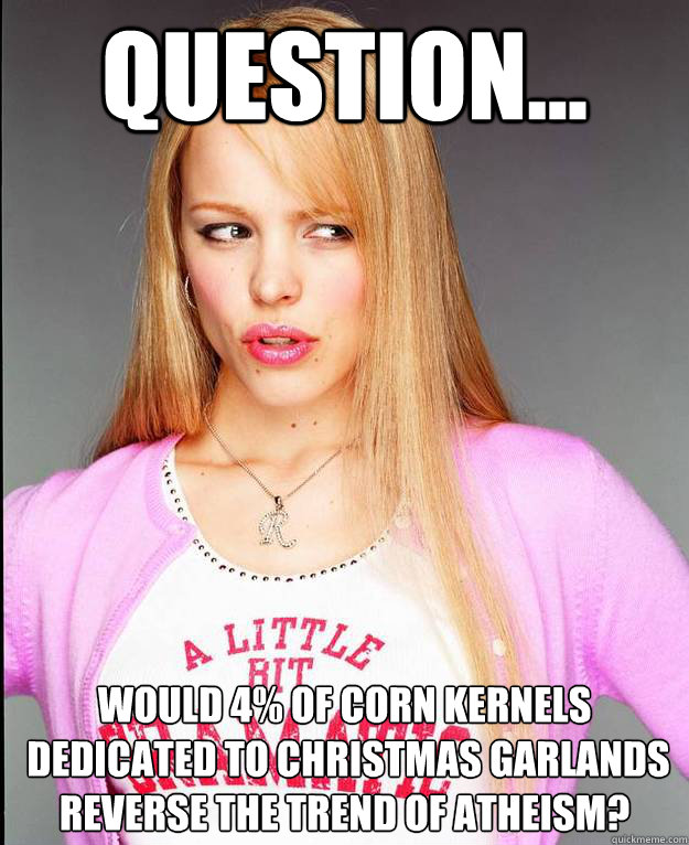 Question... would 4% of corn kernels
 dedicated to Christmas garlands reverse the trend of atheism?  Rachel McAdams Meme