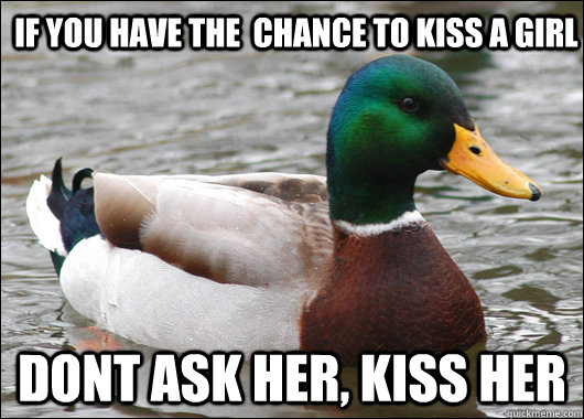 If you have the  chance to kiss a girl dont ask her, kiss her  Actual Advice Mallard