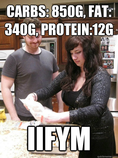 carbs: 850g, fat: 340g, protein:12g iifym  