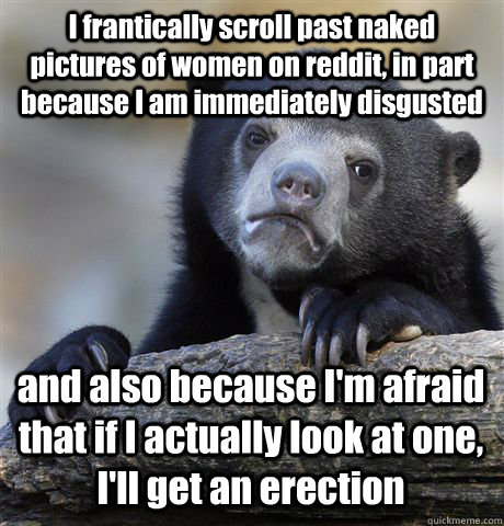 I frantically scroll past naked pictures of women on reddit, in part because I am immediately disgusted and also because I'm afraid that if I actually look at one, I'll get an erection  Confession Bear