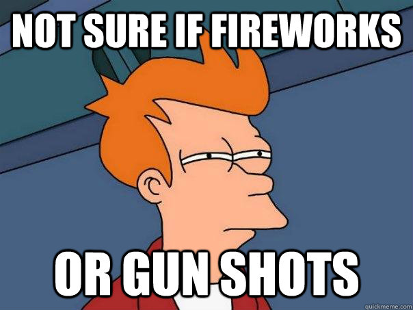 Not sure if fireworks  or gun shots   Futurama Fry