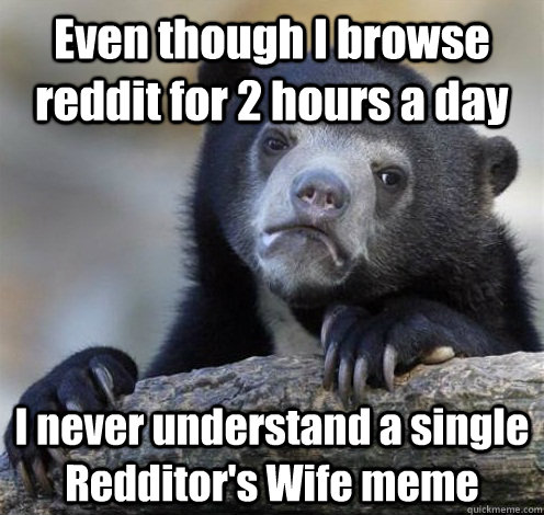 Even though I browse reddit for 2 hours a day  I never understand a single Redditor's Wife meme - Even though I browse reddit for 2 hours a day  I never understand a single Redditor's Wife meme  Confession Bear Eating