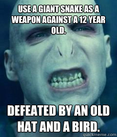 Use a giant snake as a weapon against a 12 year old.   Defeated by an old hat and a bird.  - Use a giant snake as a weapon against a 12 year old.   Defeated by an old hat and a bird.   Socially Awkward Voldemort