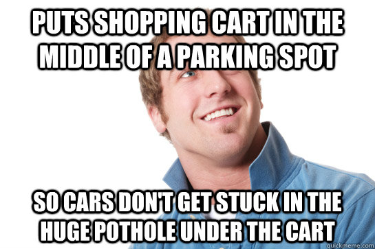Puts shopping cart in the middle of a parking spot so cars don't get stuck in the huge pothole under the cart  Misunderstood D-Bag