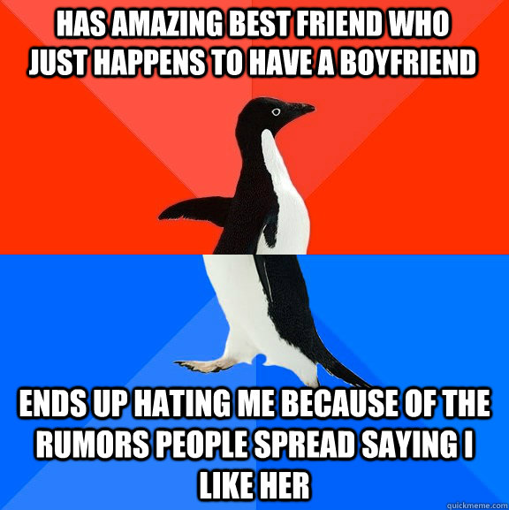 Has amazing best friend who just happens to have a boyfriend Ends up hating me because of the rumors people spread saying I like her  Socially Awesome Awkward Penguin