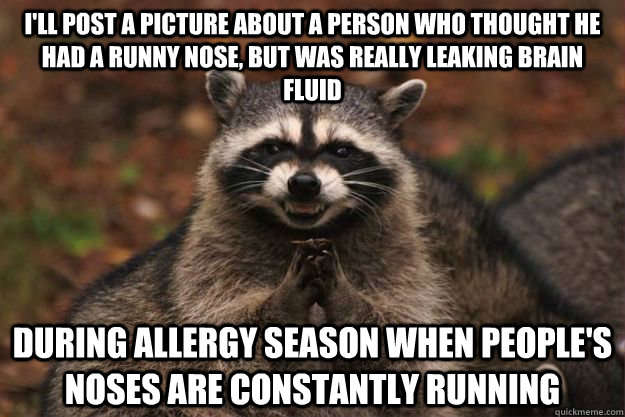 I'll post a picture about a person who thought he had a runny nose, but was really leaking brain fluid during allergy season when people's noses are constantly running - I'll post a picture about a person who thought he had a runny nose, but was really leaking brain fluid during allergy season when people's noses are constantly running  Evil Plotting Raccoon