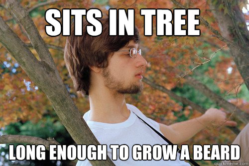 Sits in tree Long enough to grow a beard
  