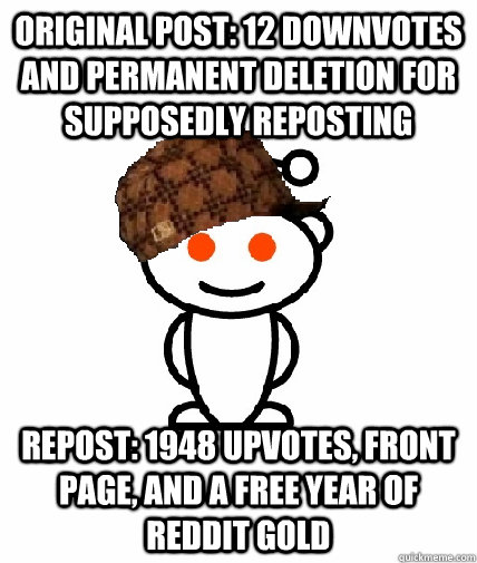 Original Post: 12 Downvotes and Permanent Deletion for supposedly reposting Repost: 1948 upvotes, front page, and a free year of reddit gold  Scumbag Redditor