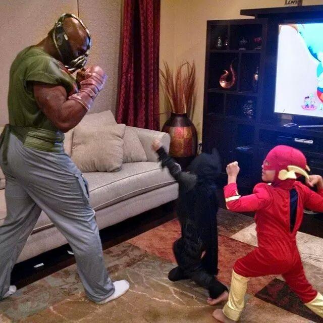 My buddy is an NFL running back. His kids dressed as Flash and Batman to fight him dressed as Bane. -   Misc