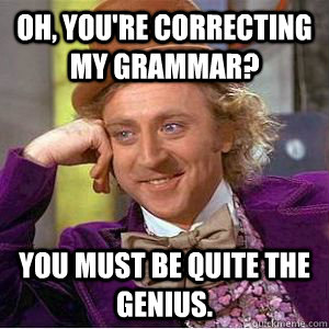 Oh, you're correcting my grammar? You must be quite the genius. - Oh, you're correcting my grammar? You must be quite the genius.  willy wonka