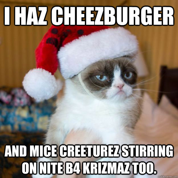 I haz cheezburger And mice creeturez stirring on nite b4 krizmaz too.  