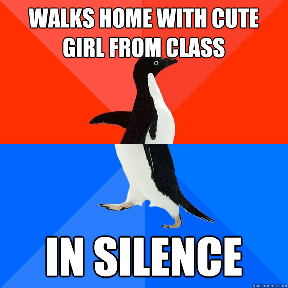 walks home with cute girl from class in silence  Socially Awesome Awkward Penguin