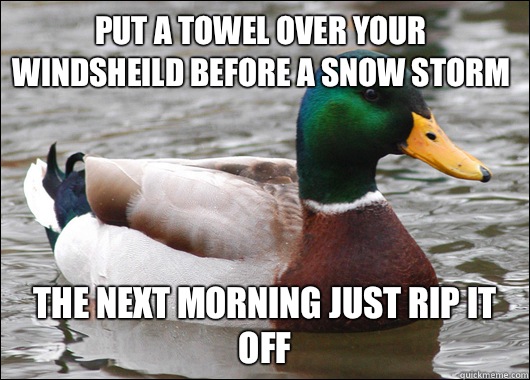 Put a towel over your windsheild before a snow storm The next morning just rip it off  Actual Advice Mallard