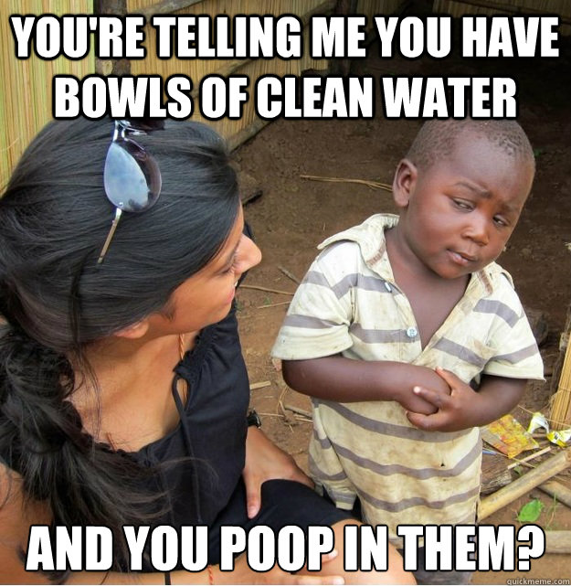 You're telling me you have bowls of clean water and you poop in them?  Skeptical Third World Kid