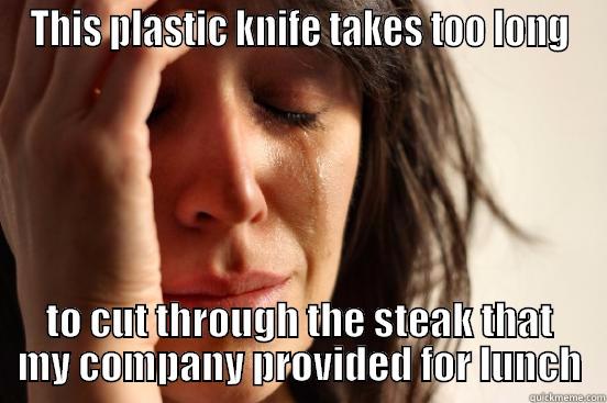 THIS PLASTIC KNIFE TAKES TOO LONG TO CUT THROUGH THE STEAK THAT MY COMPANY PROVIDED FOR LUNCH First World Problems