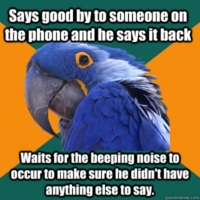 Says good by to someone on the phone and he says it back Waits for the beeping noise to occur to make sure he didn't have anything else to say.   Paranoid Parrot
