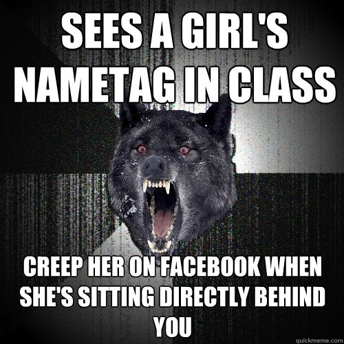 Sees a girl's nametag in class Creep her on facebook when she's sitting directly behind you - Sees a girl's nametag in class Creep her on facebook when she's sitting directly behind you  Insanity Wolf