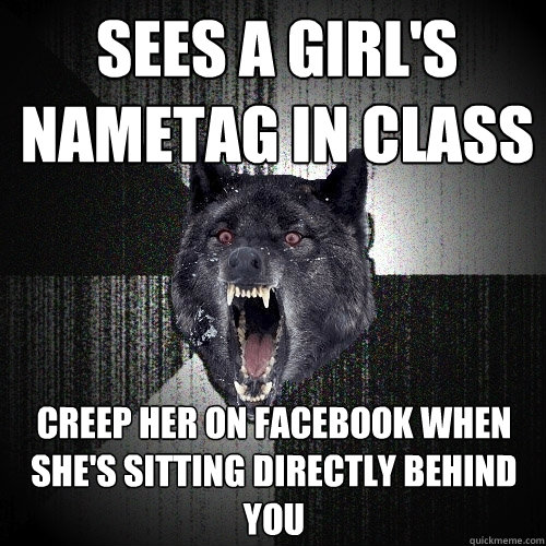 Sees a girl's nametag in class Creep her on facebook when she's sitting directly behind you  Insanity Wolf