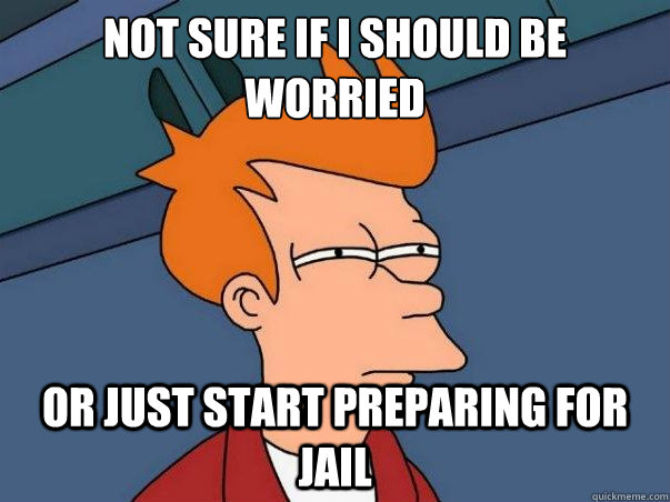 Not sure if i should be worried  or just start preparing for jail  Not sure Fry