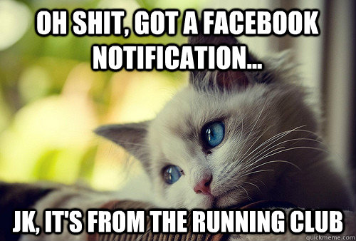 Oh shit, got a facebook notification... Jk, It's from the running club  First World Problems Cat