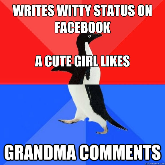 writes witty status on facebook

a cute girl likes grandma comments  Socially Awksome Penguin