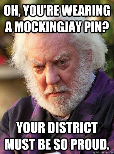 Oh, you're wearing a mockingjay pin? Your district must be so proud. - Oh, you're wearing a mockingjay pin? Your district must be so proud.  The Hunger Games