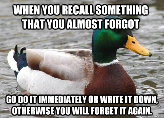 When you recall something that you almost forgot Go do it immediately or write it down, otherwise you will forget it again. - When you recall something that you almost forgot Go do it immediately or write it down, otherwise you will forget it again.  Actual Advice Mallard
