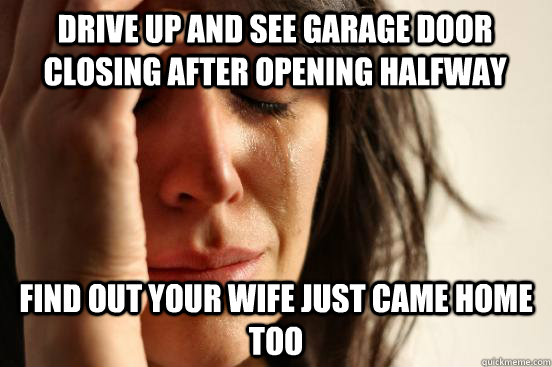 Drive up and see garage door closing after opening halfway find out your wife just came home too  First World Problems