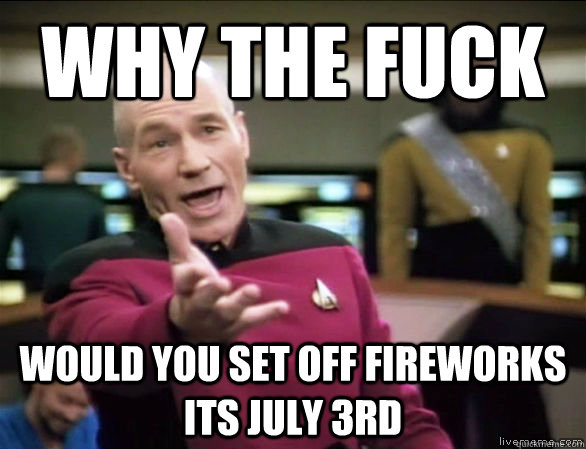 why the fuck would you set off fireworks its july 3rd  Annoyed Picard HD