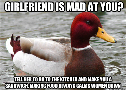 Girlfriend is mad at you? Tell her to go to the kitchen and make you a sandwich, making food always calms women down - Girlfriend is mad at you? Tell her to go to the kitchen and make you a sandwich, making food always calms women down  Malicious Advice Mallard