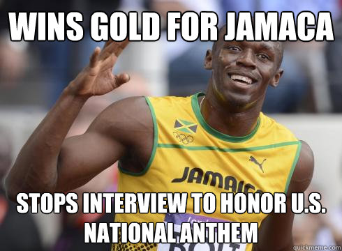 Wins gold for Jamaca Stops interview to honor U.S. National Anthem - Wins gold for Jamaca Stops interview to honor U.S. National Anthem  Good Guy Usain