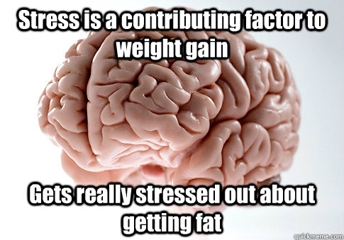 Stress is a contributing factor to weight gain Gets really stressed out about getting fat  Scumbag Brain