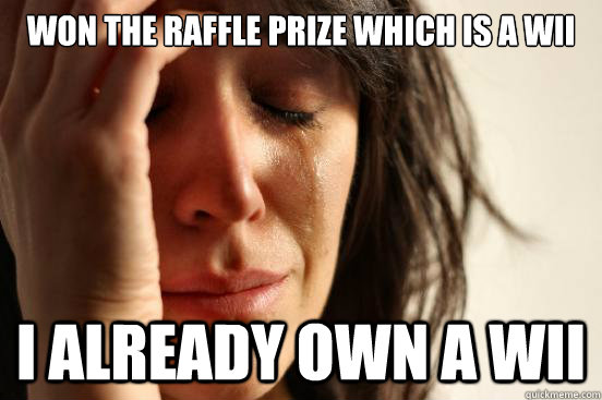 Won the raffle prize which is a wii I already own a wii  First World Problems