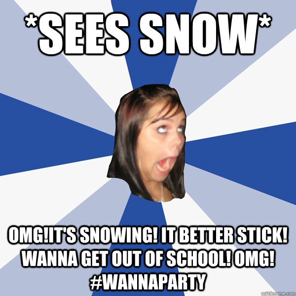 *sees snow* OMG!IT'S SNOWING! IT BETTER STICK! WANNA GET OUT OF SCHOOL! OMG! #wannaparty  Annoying Facebook Girl