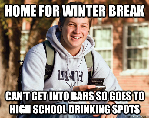 Home for winter break Can't get into bars so goes to high school drinking spots  College Freshman