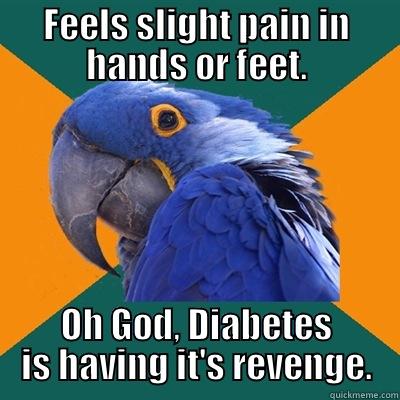 FEELS SLIGHT PAIN IN HANDS OR FEET. OH GOD, DIABETES IS HAVING IT'S REVENGE. Paranoid Parrot