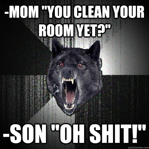 -Mom ''You clean your room yet?'' -Son ''Oh shit!''  Insanity Wolf