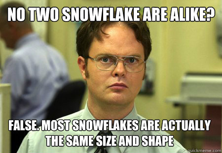 No two snowflake are alike? False. Most snowflakes are actually the same size and shape - No two snowflake are alike? False. Most snowflakes are actually the same size and shape  Dwight