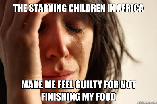 the starving children in africa make me feel guilty for not finishing my food  First World Problems