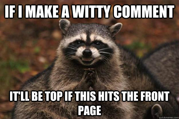 If I make a witty comment It'll be top if this hits the front page  Evil Plotting Raccoon