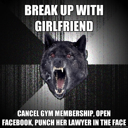 break up with girlfriend cancel gym membership, open facebook, punch her lawyer in the face  Insanity Wolf