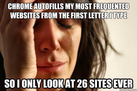 chrome autofills my most frequented websites from the first letter I type so i only look at 26 sites ever  First World Problems