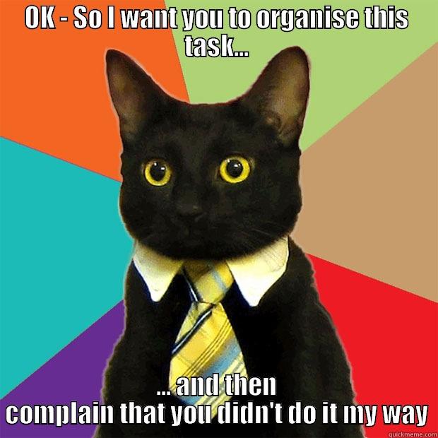 OK - SO I WANT YOU TO ORGANISE THIS TASK... ... AND THEN COMPLAIN THAT YOU DIDN'T DO IT MY WAY Business Cat