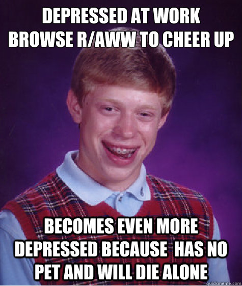 Depressed at work 
browse r/aww to cheer up becomes even more depressed because  has no pet and will die alone - Depressed at work 
browse r/aww to cheer up becomes even more depressed because  has no pet and will die alone  Bad Luck Brian